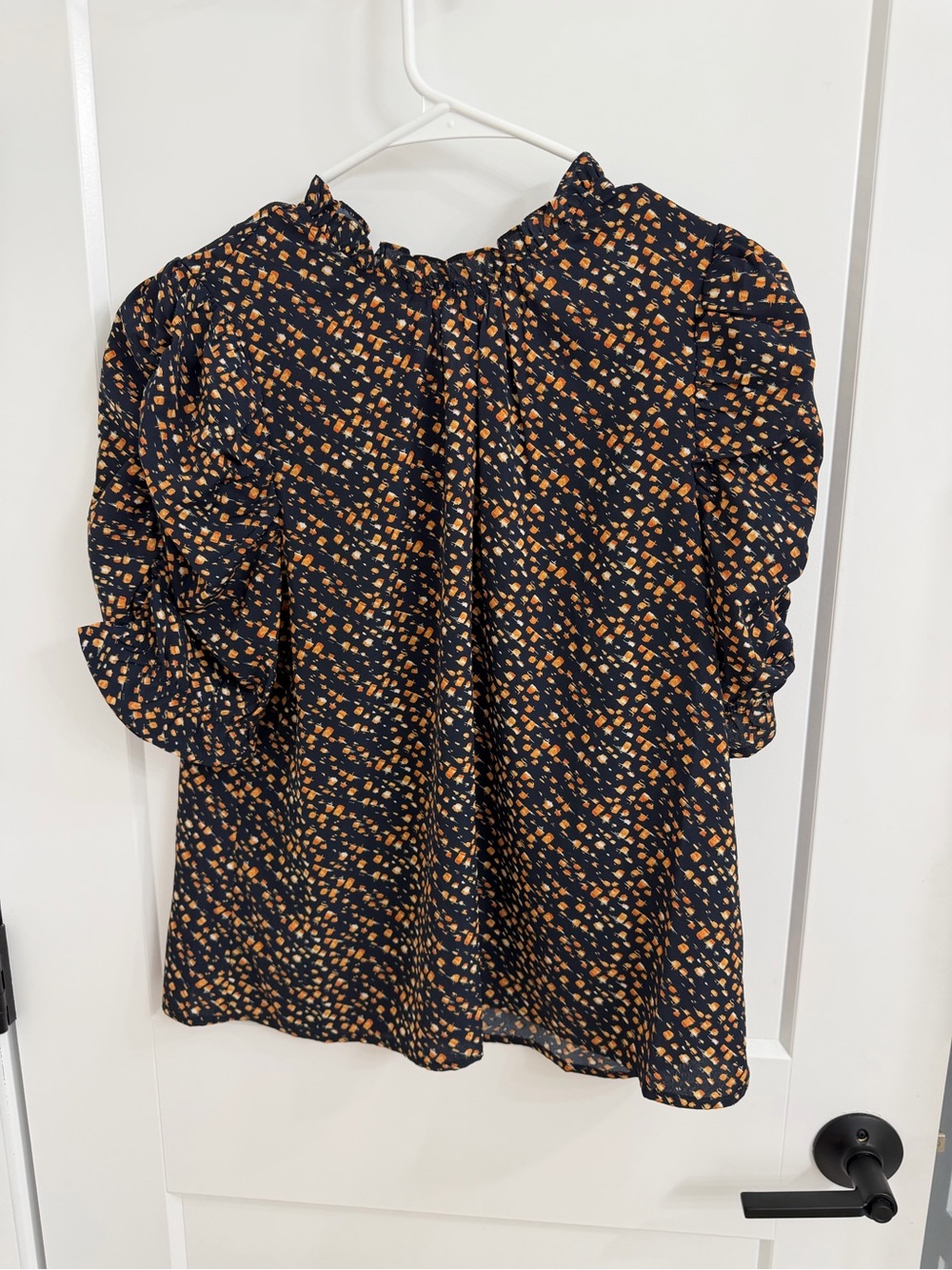 THML Navy Puff-Sleeve Blouse with Orange Dot Print